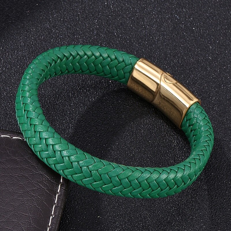 Men Jewelry Green Braided Leather Bracelet Stainless Steel Magnetic Clasp Punk Bangles Male Wrist Band S0016