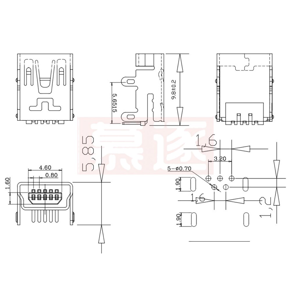 10 Stuks Mini Usb Type B 5-Pin Female Socket Haakse Dip Jack Connector