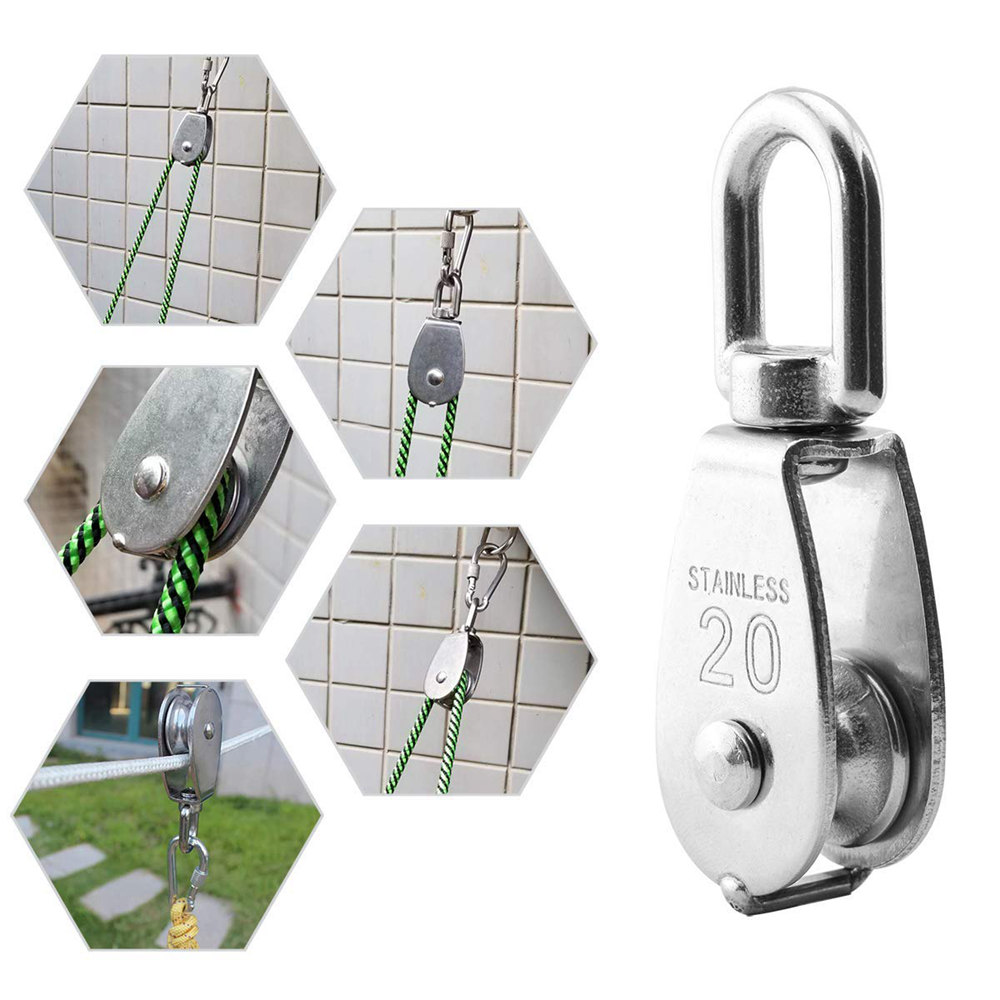 1PCS Stainless Steel Wire Rope Crane Pulley Block M20 Lifting Crane Swivel Hook Single Pulley Block Hanging Wire Towing Wheel