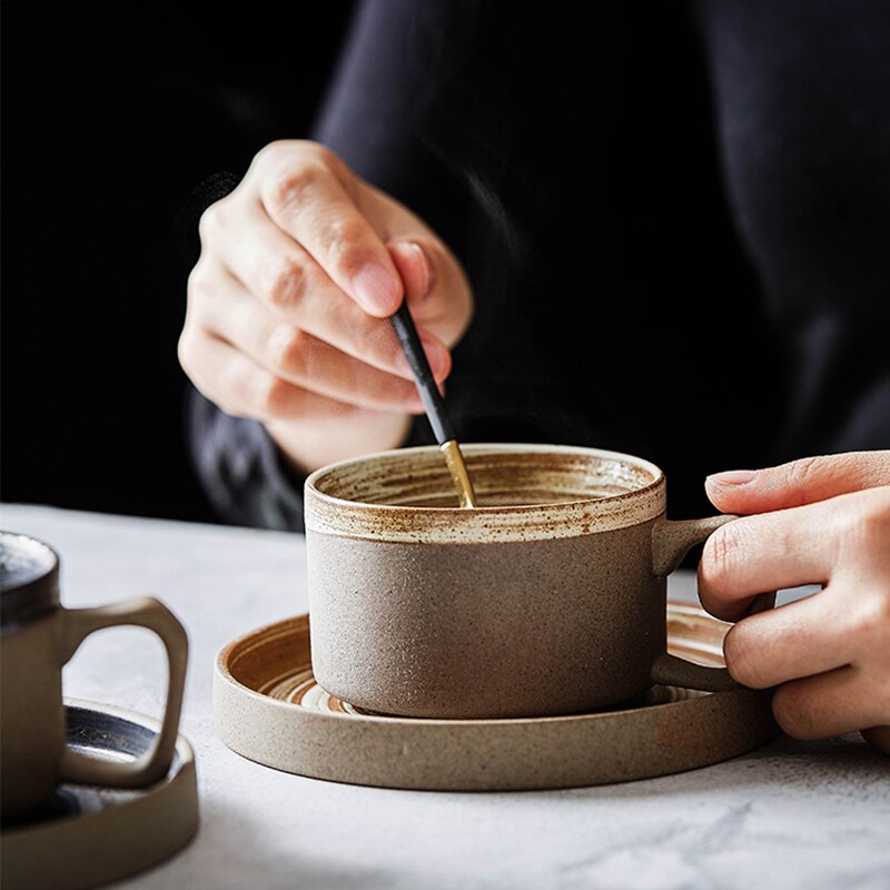 Handmade Retro Coffee Cup Stoneware Coffee Cup and Saucer Set Art Cup and Saucer Dessert Milk Water Cup Breakfast Cup
