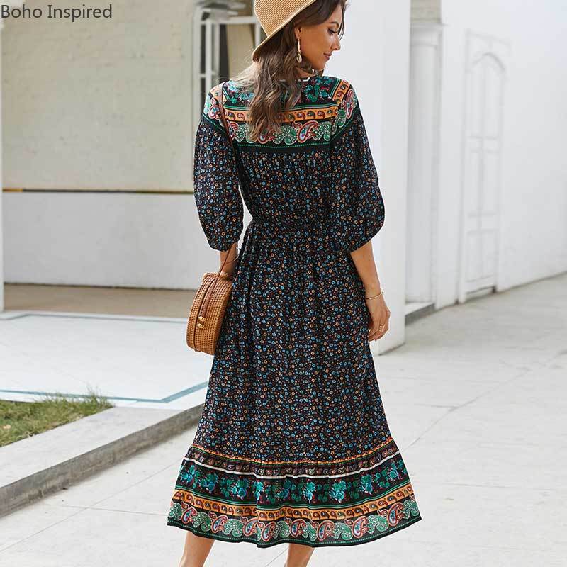 Boho inspiroitu kukkaprintti pitkä boho mekko puuvilla kevät kesä mekko tupsu sidottu v-pääntie rento naisten mekko boheemi mekko
