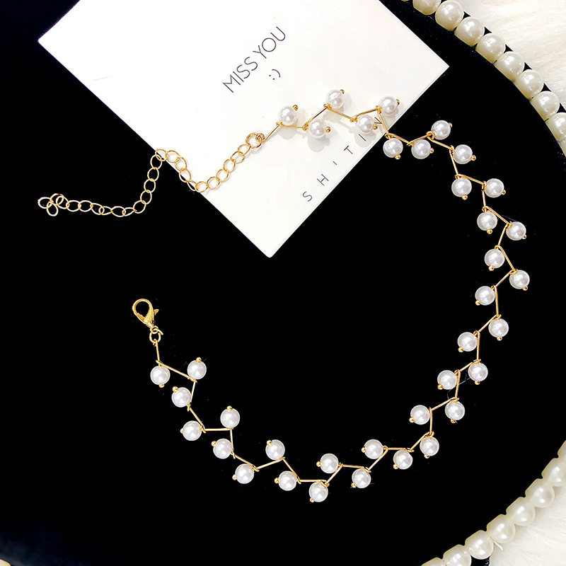 clavicle chain neck jewelry gold handmade pearl necklace beautiful Korean bride necklace: gold