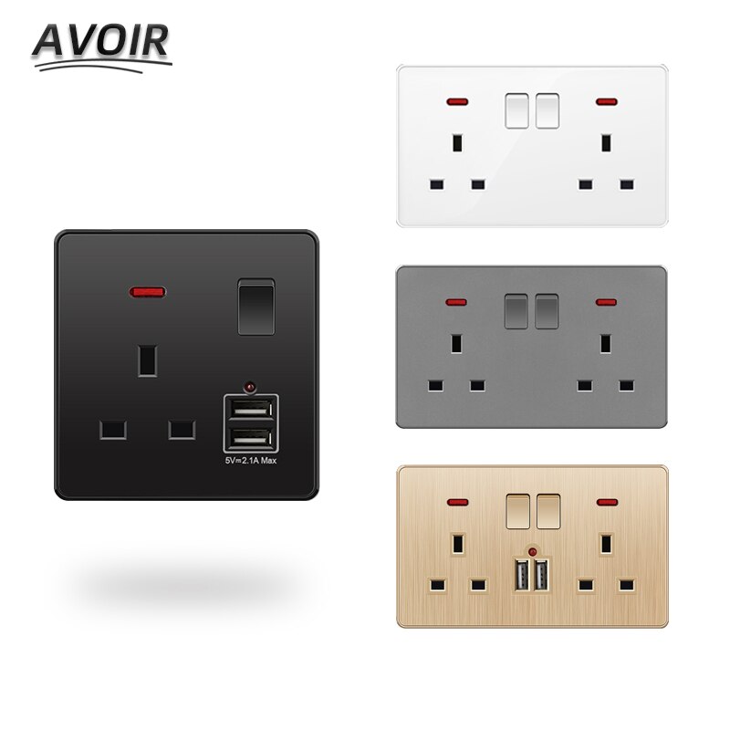 Avoir UK Standard 13A Wall Socket Black White Gray Plastic Embedded Panel Usb Socket With Switch 110-250V Two Britain Outlet