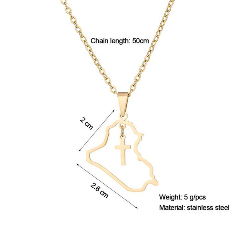 Stainless Steel Heart/Cross Republic Of Iraq Map Pendant Necklace Gold/Steel Color Iraqi Men Women Ethnic Jewelry: Cross Gold / 50cm