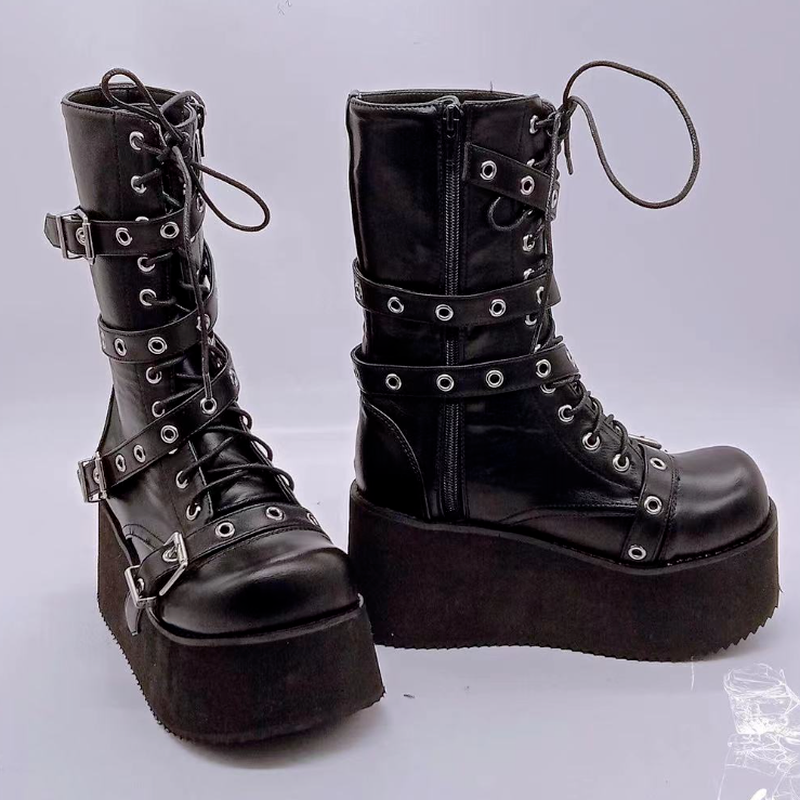 Botas de cuña con plataforma para mujer, zapatos femeninos de estilo gótico, Punk, con correa de hebilla, a la , con cordones, de de , para Otoño e Invierno: 40