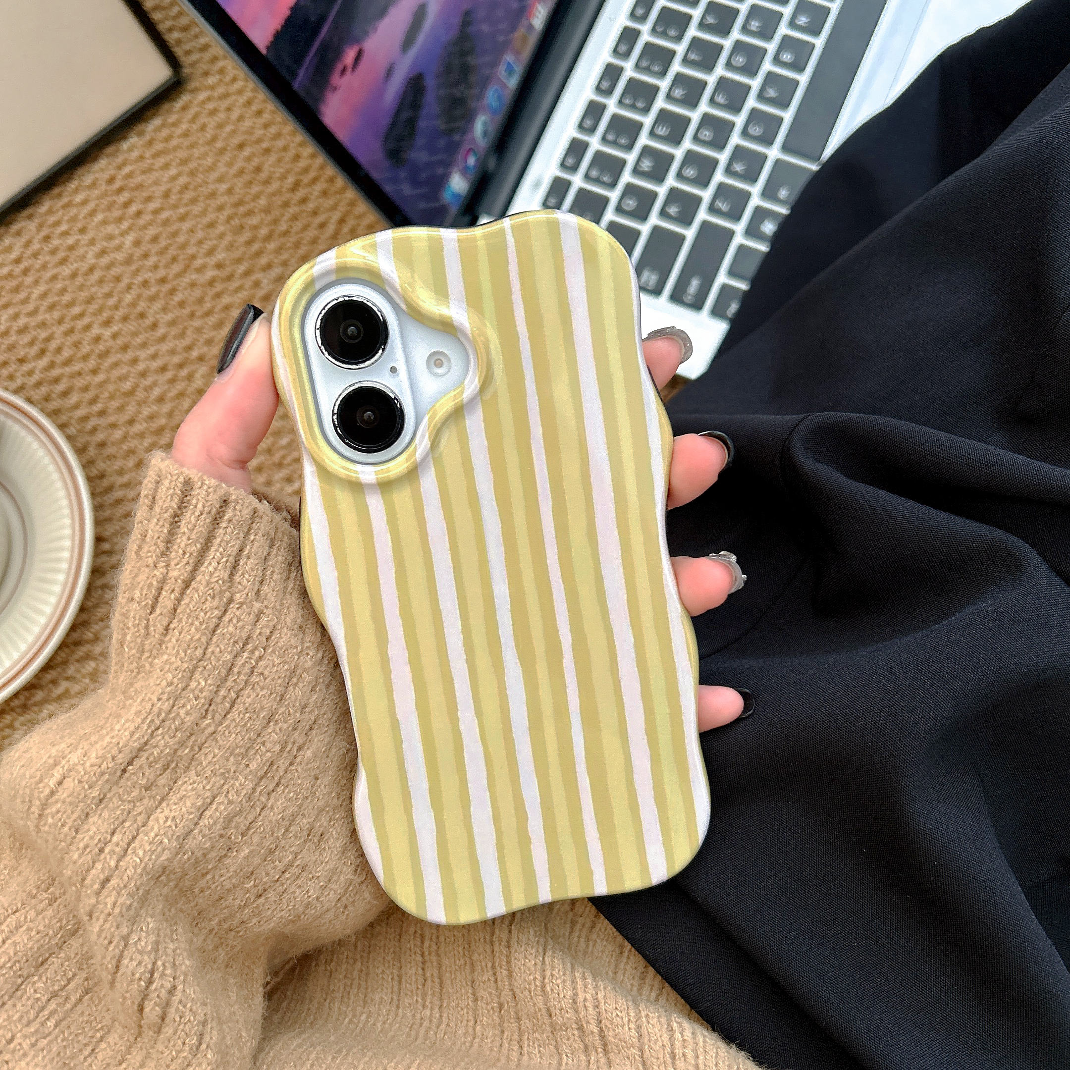 2 in 1 Glossy Stripes Phone Case for iPhone 13 14 15 16 Pro Max Wave Edges Comfortable Touch Hard Slim Back Cover Shell: BRIGHT PINK / For iPhone 14 Pro Max