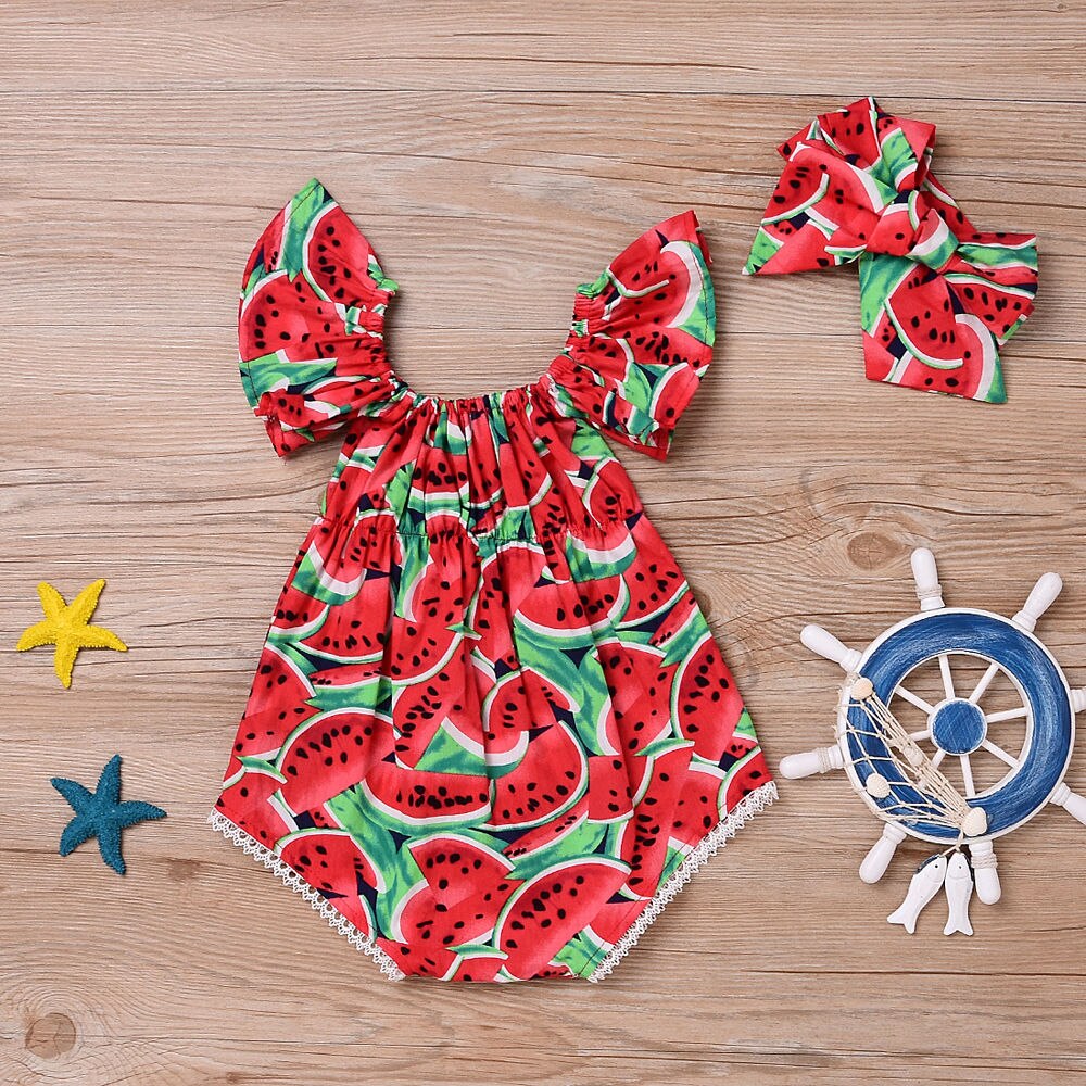 Atacado macacão estampado melancia para bebês, meninos, meninas, conjunto de roupas de verão, macacão + tiara