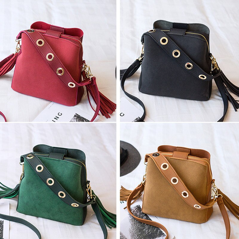 Women Tassel Shoulder Bags Handbag Scrub Bucket Bags Crossbody Bag