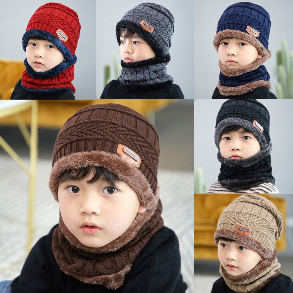 Cappelli Invernali Caldi Lavorati Een Maglia In Stapel Een Contrasto Per Cappello + Sciarpa Per Bambini Set Di Wijten Pezzi cappelli Per