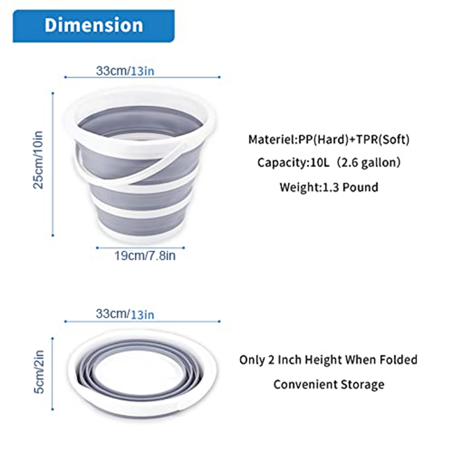 1 pakke sammenleggbare bøtter, 10l x 2.6 gallon rengjøringsbøtte, moppbøtte, sammenleggbar, bærbar, liten plastvannforsyning