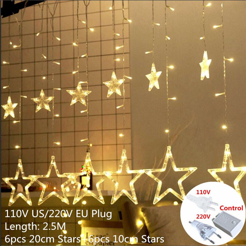 220v eu pistoke 2.5m led moon star lamppu keiju verho valo jouluseppele merkkijono valot lamppu vuodeksi hääkoristeita: Isotähti lämmin / Eu -pistoke
