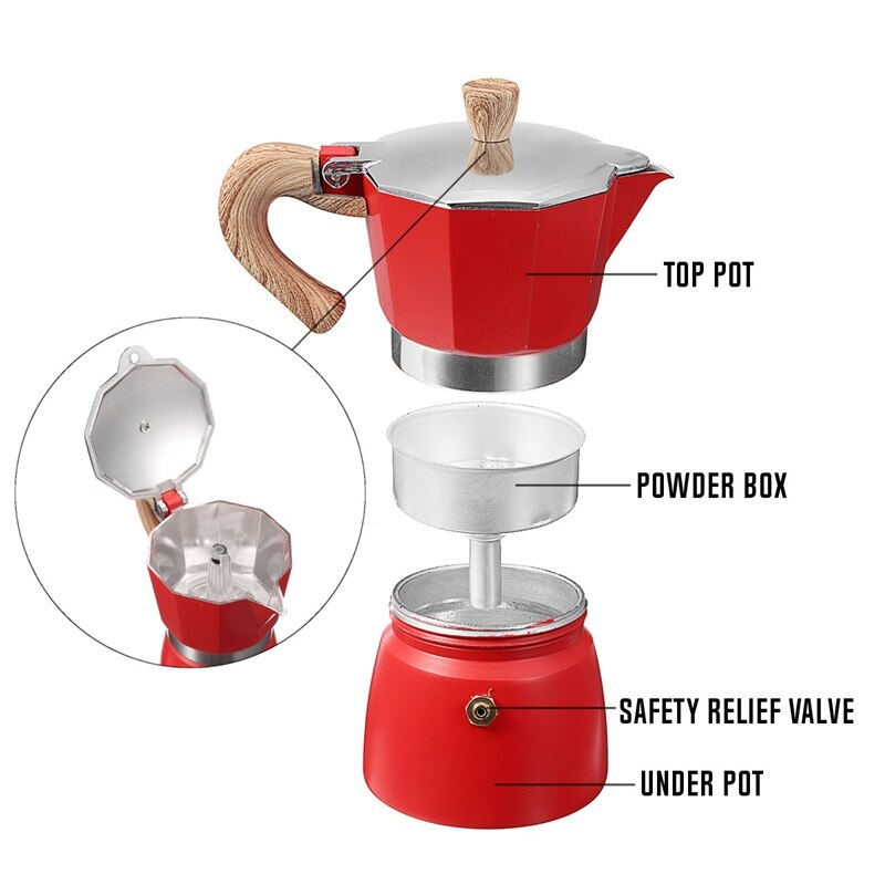Aluminium italiensk moka espresso kaffemaskine filter komfur pot 3 kopper (gul)