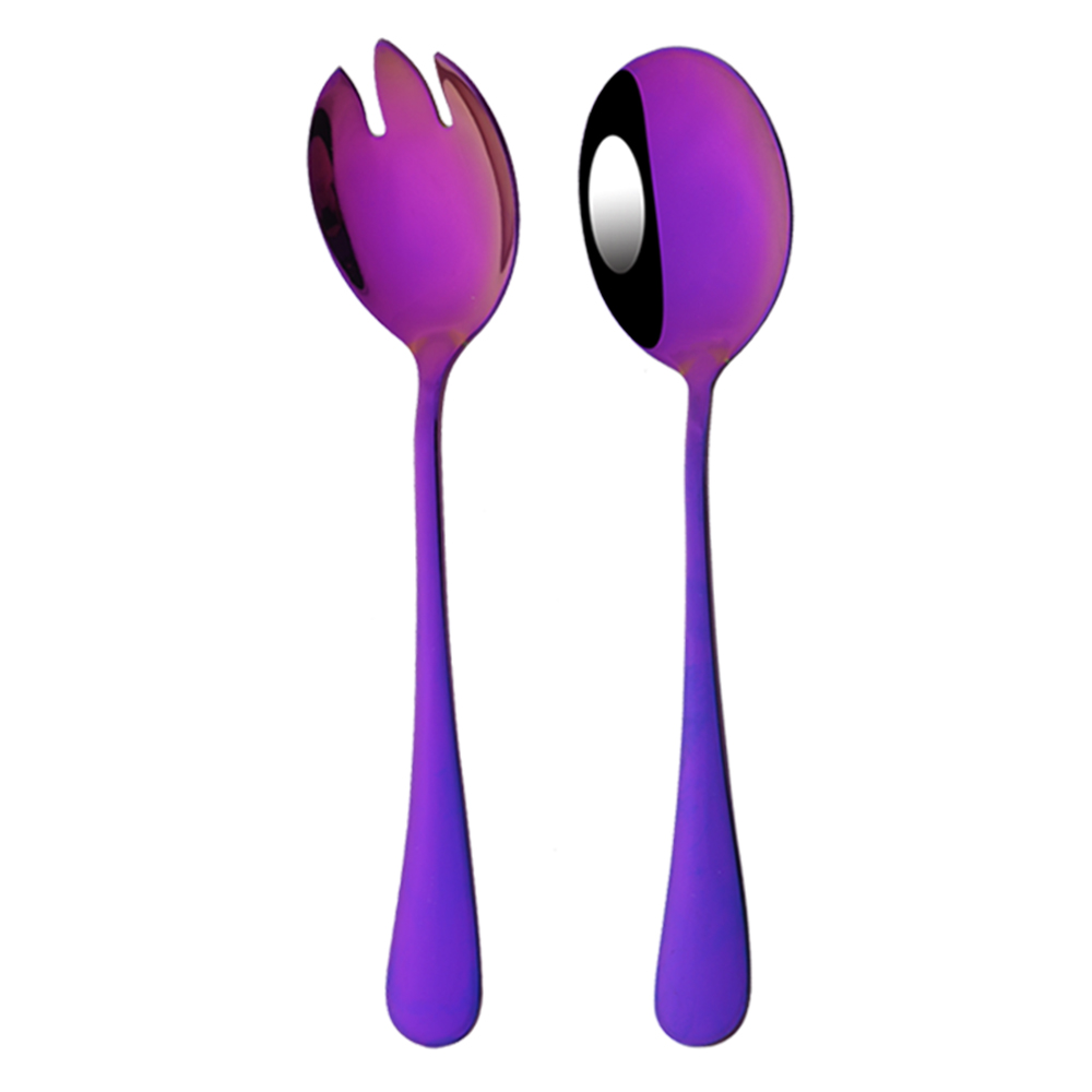 Black 2PCS Salad Spoon Fork Dinnerware Stainless Steel Tableware Cutlery Set Serving Spoon Set Colorful Unique Spoon Flatware: Purple