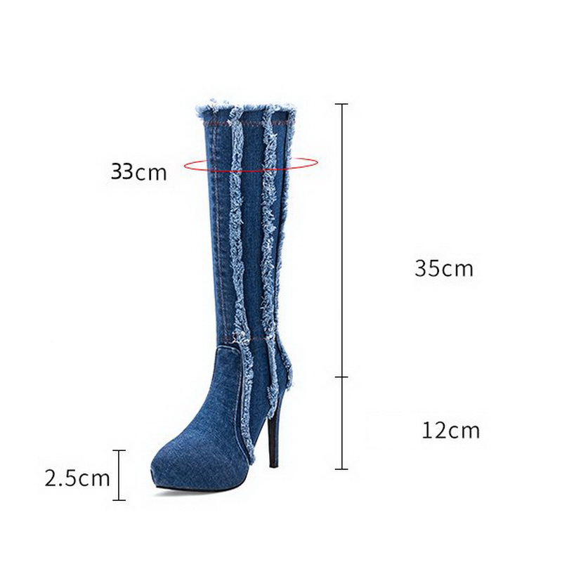 Women Newest Pointed Toe Over The Knee Blue Denim Boots Zipper Gladiator Boots Long High Heels Jean Womens Shoes