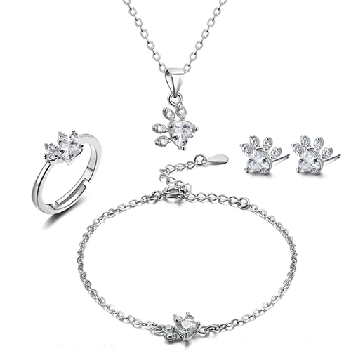 4 Stuks Kat Bear Poot Ring Voor Vrouwen Sieraden Sets Wit Cz Steen Zilveren Kleur Ringen Ketting Armband oorbel Set: silver white sets
