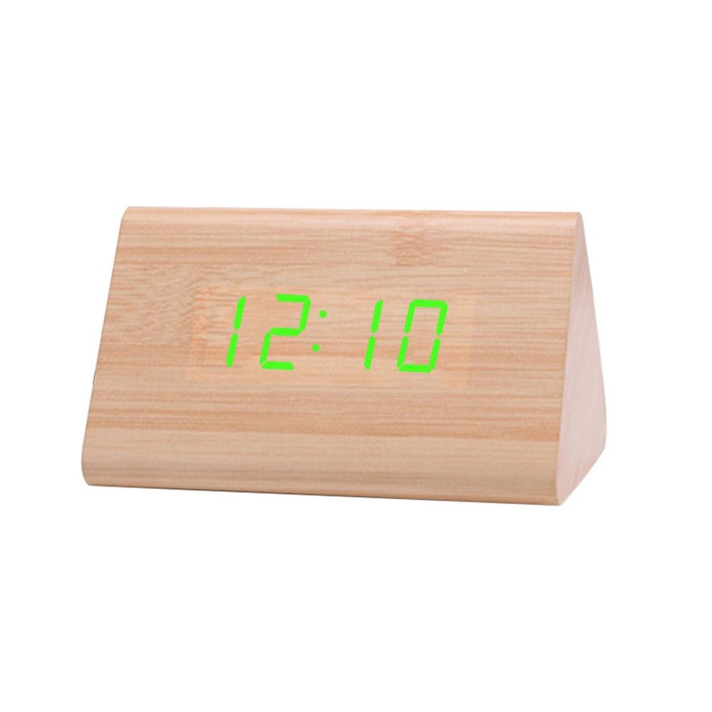 Digital Wooden USB LED Night Light Alarm Clock Thermometer Display Timepiece: Bamboo Green
