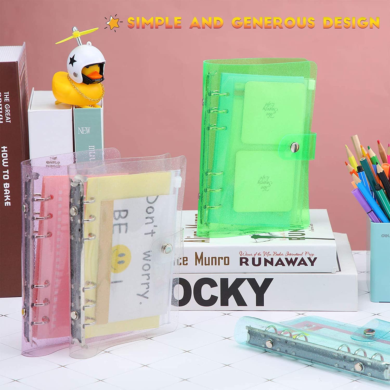 A6 soft PVC 6-ring binder cover with flashing transparent notebook zipper bag loose-leaf core book with snap button close binder