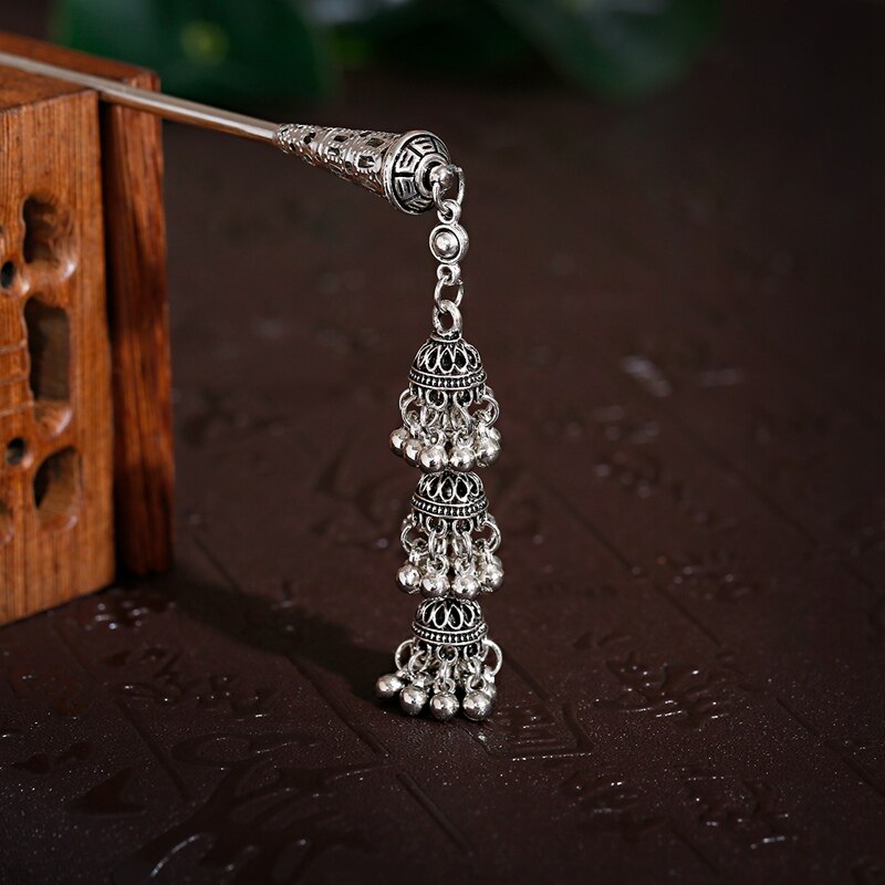 Épingle à cheveux en forme de cloches indiennes, Vintage, couleur argent, pendentif de pompon en perle ethnique, bâtons de cheveux, bijoux