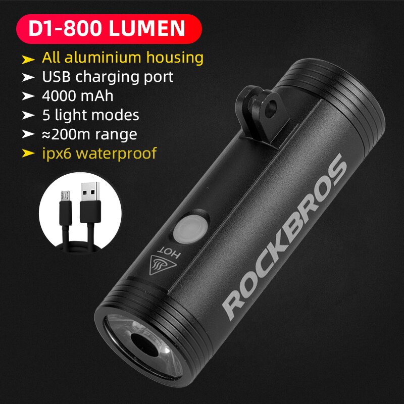 ROCKBROS Bike Front Light IPX6 Waterproof USB Rechargeable Bicycle Light 1000LM Cycling Headlight LED 4800mAh MTB Flashlight: D1-800