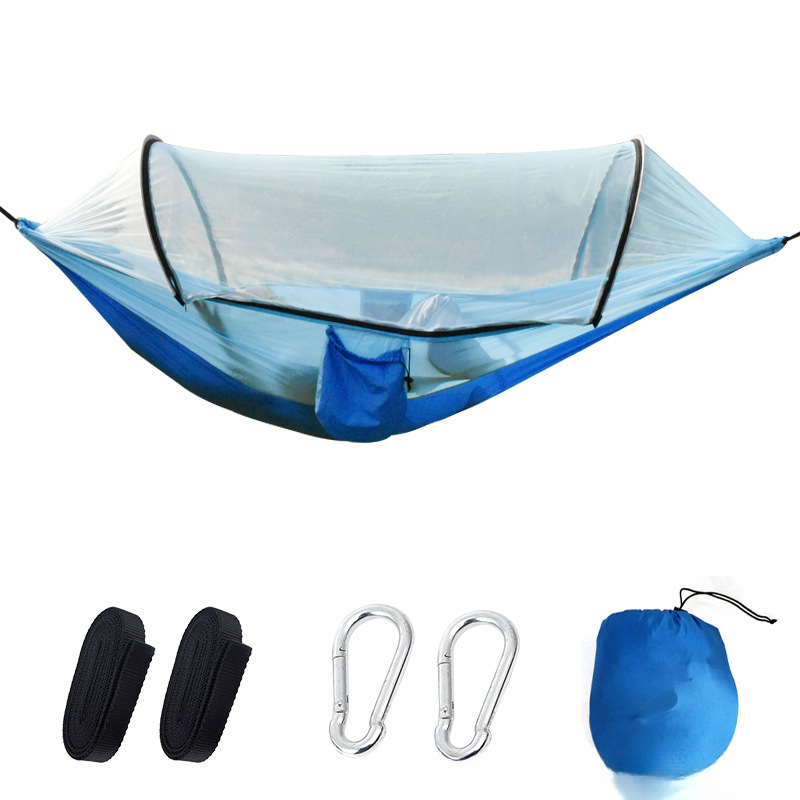 Altalena per amaca da esterno automatica con palo ad apertura rapida con zanzariera per campeggio Altalena per amaca da esterno con letto matrimoniale/singolo antiribaltamento: Blu