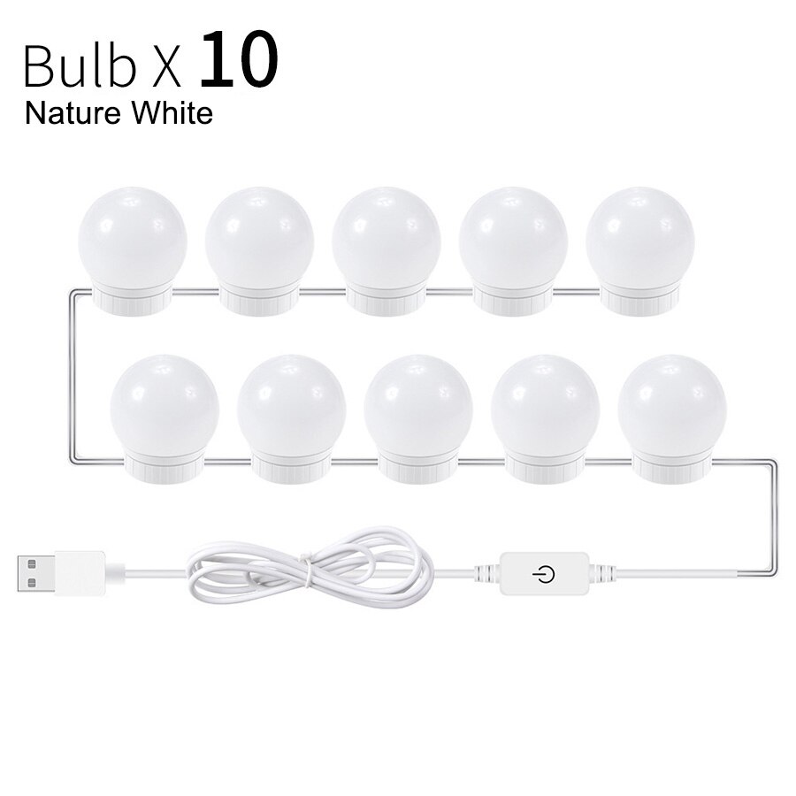 Vanity Light Badkamer Make-Up Spiegel Led Verlichting Touch Dimmen DC5V Usb Powered Hollywood Stijl Kaptafel Verlichting Lamp Wit: 10pcs Blubs