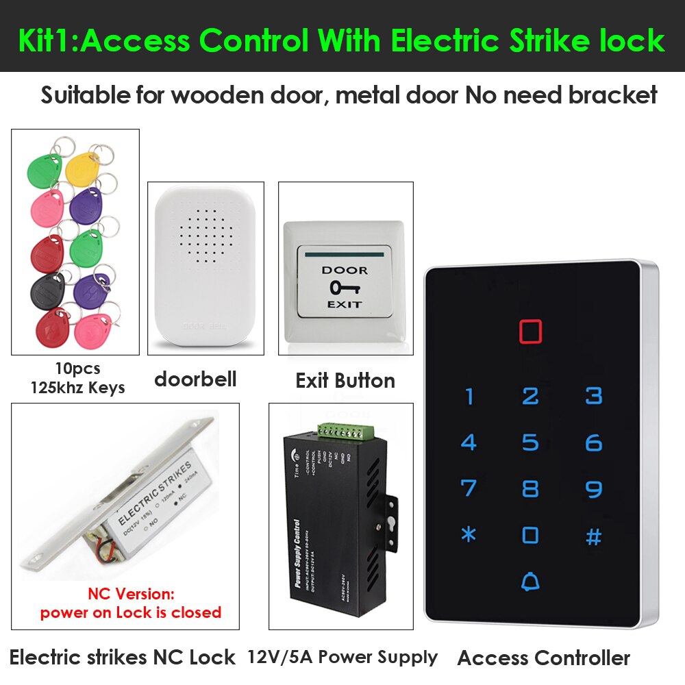 Backlight Standalone Keypad RFID Access Control Kit Electronic Door Access System Power 125KHZ Access Control Kits with WG 26: Kit 1