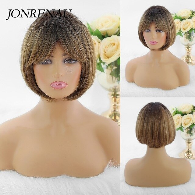 Jonrenau 8 tommer syntetisk kort lige paryk lys blonde brune parykker med pandehår pixie cut parykker til hvide sorte kvinder: Ss171-2