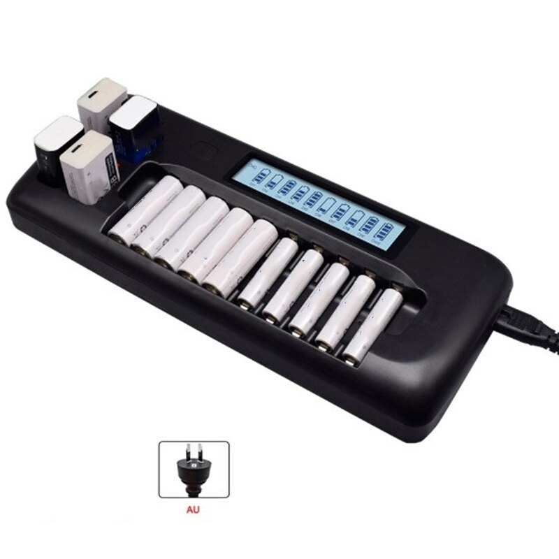 10-Slots Lcd Smart Battery Charger Voor 1.2V Oplaadbare Batterij 9V Ni-Mh Lithium-Ion Oplaadbare Batterijen, au Plug