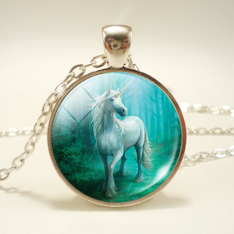 NPKDS di Modo Nuovo Collana In Lega di Zinco di Vetro Del Pendente Rotondo. Unicorn Tempo Gioiello Della Catena Del Maglione Preferito Regalo Di Compleanno: Forest unicorn