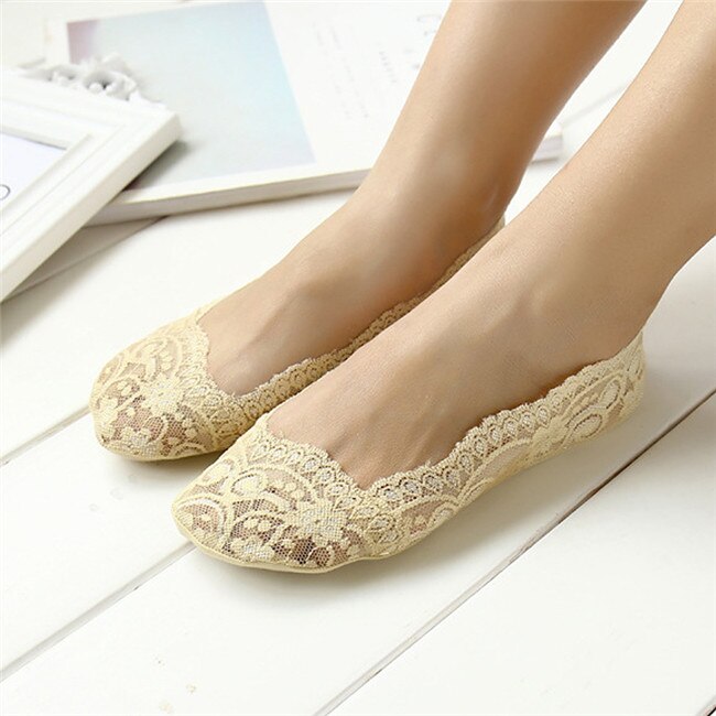 Womens Cotton Lace Antiskid Invisible Liner Socks Elastic Comfy Female Summer Spring Ankle Boat Low Cut Short Socks: C-5