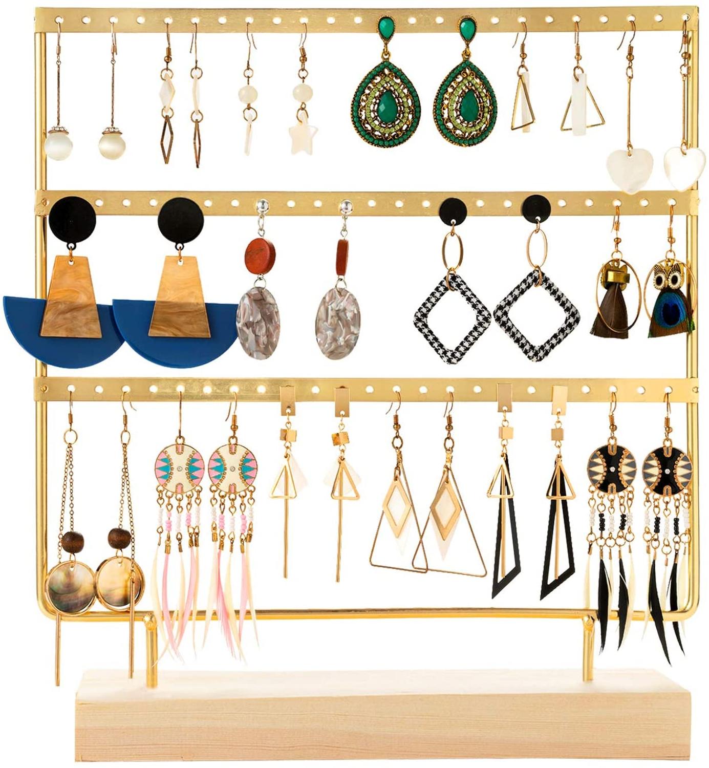 Oorbellenstandaard 3-- laags sieradenhouder organizer 69 gaten met houten basis displayrek voor vrouwen meisjes ho: Goud