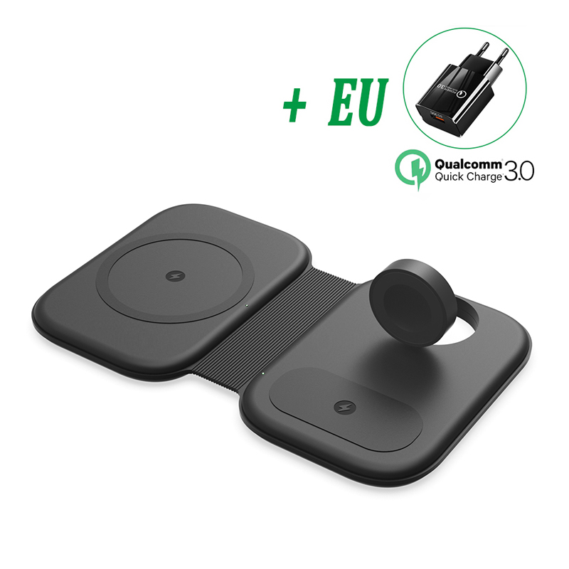Cargador inalámbrico magnético plegable 3 en 1, cargador rápido Qi de 30W para iPhone 13, 11, 12, X Max, Apple Watch 7, 6, AirPods: Black with EU plug