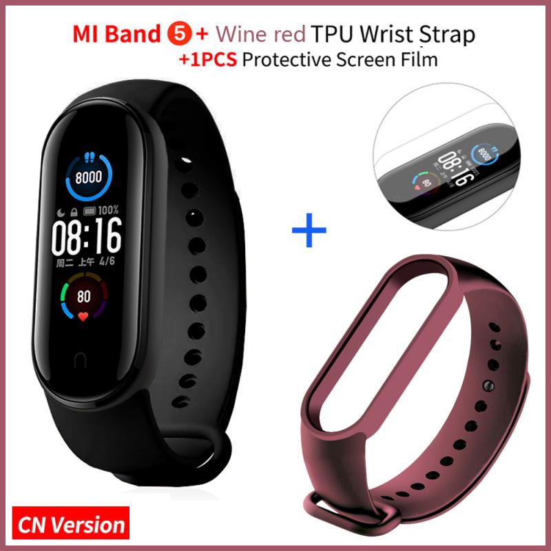 1.1" Original Xiaomi Mi Band 5 Smart Bracelet AMOLED Screen Miband 5 Smartband Fitness Traker Bluetooth Sport Smart Wristbands: CN Add Wine red