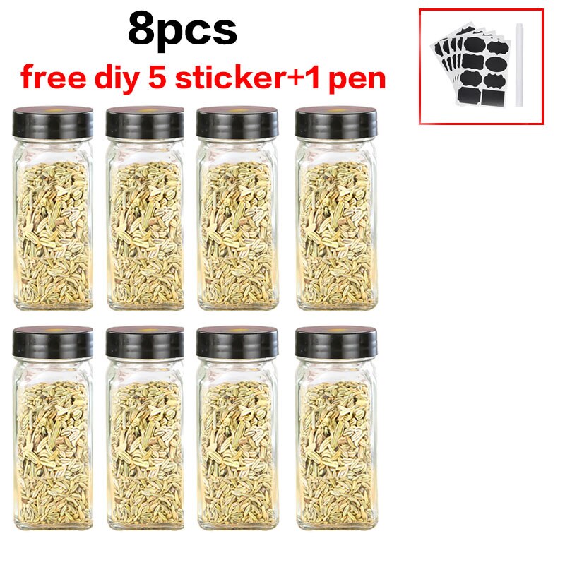8pcs Lid Condiment Pot Seasoning Bottle Glass Kitchen Supplies And Materials Saltcellar Canister Set DIY Sticker Glass Spice Jar: 8pcs B