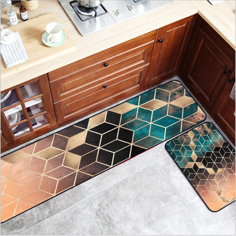 Kitchen Carpet Geometric Gold Line Green Diamond Kitchen Mat Entry Mat Floor Mat Bedroom Bedside Blanket Rugs