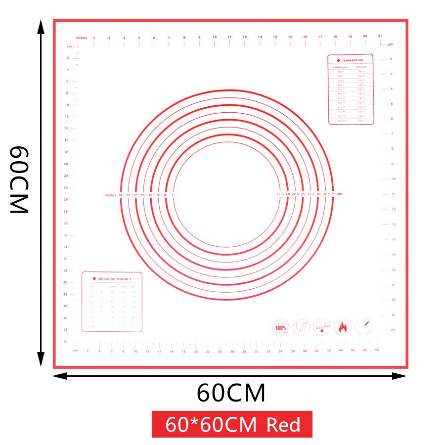 Stor størrelse non-stick silikone bagemåtte genanvendelig bagemåtte bageværktøj 80*60cm /70*50cm/60*60cm /60*50cm: 60 x 60cm rød