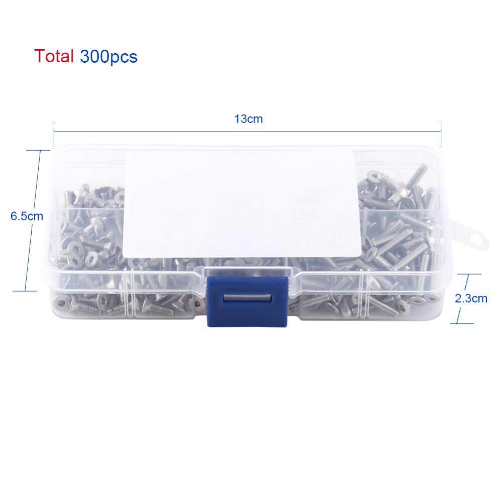 300pcs M3 Hex Socket Flat Head Stainless Steel SS304 Screw Bolt Assortment In Box