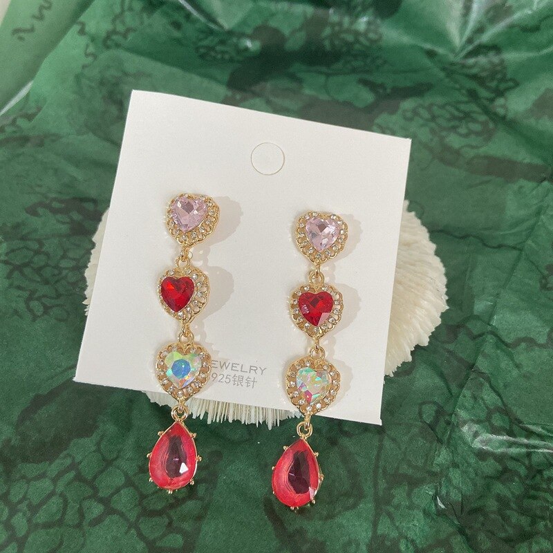 MENGJIQIAO Coreano Caldo di Vendita di Lusso Rosso Cuore di Cristallo Lunga Pendientes Mujer Moda Elegante Variopinto Orecchini A Pendaglio Del Partito Dei Monili: color oro