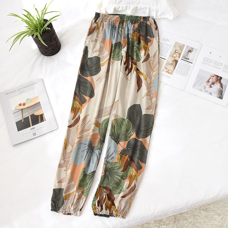 Cotton Woman Pajamas Loose Printing Sleeping Pants Sleep Bottoms Woman Pajamas Bottoms Sleep Pants Pyjama Trouser Homewear: Banana leaf / XL