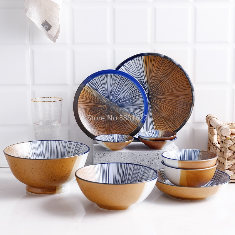Retro Japanese Style Ceramic Sushi Plate Tableware Household Dishes Rice Noodle Bowls Steamed Dishes Porcelain Dinner Plates