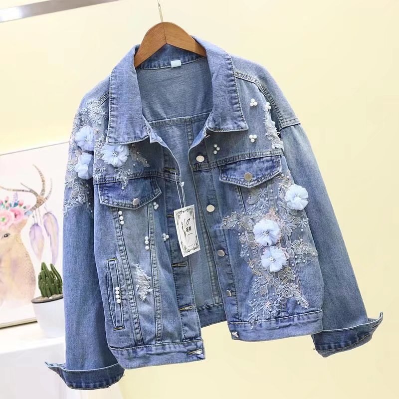 Chaqueta vaquera para niña, ropa con bordado de flores, primavera y otoño,: Denim Jacket1 / M 53-59kg