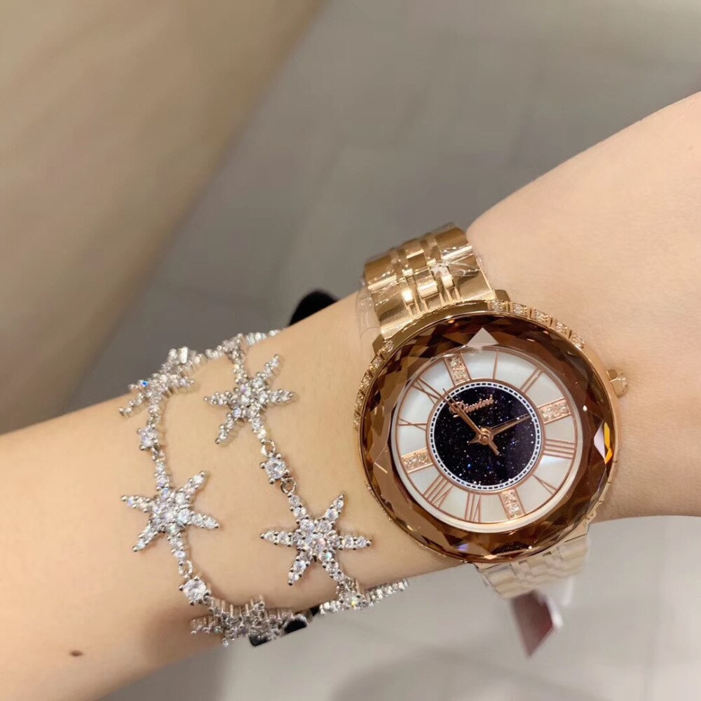 Noble bleu Anti décoloration pleine acier Bracelet montres femmes grande taille Montre neutre Quartz romain Montre-Bracelet à facettes cristaux Montre