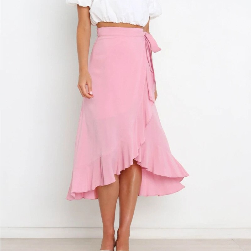 Long Skirts For Womens Summer Lace Up Ruffles Solid Color High Waist Bodycon Skirt Female Casual Chiffon Skirt