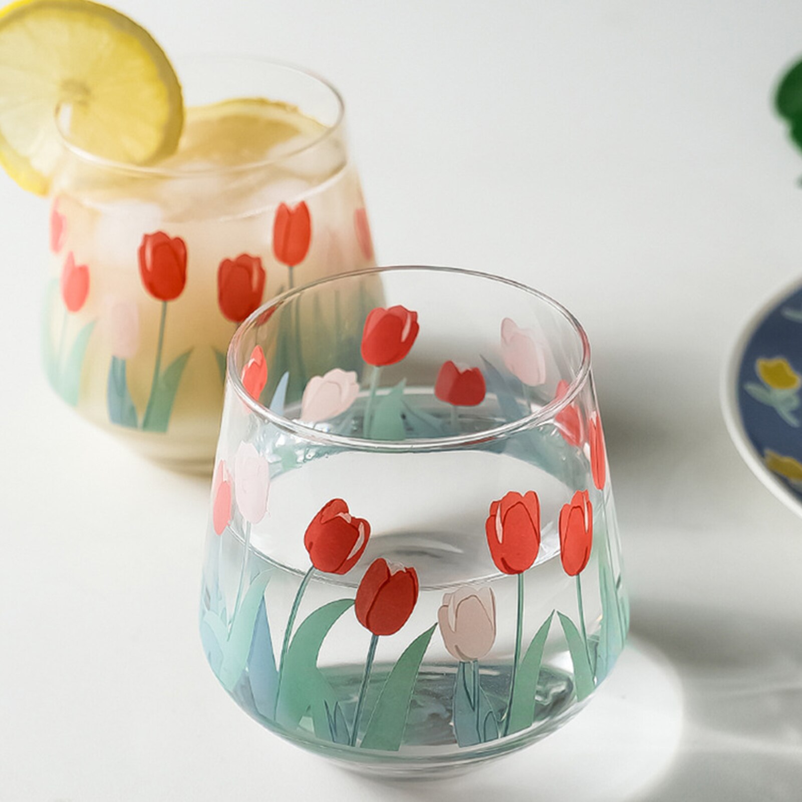 Tekoppar juice mjölkglas kaffe mugg vatten kopp vintage tulpan tryck transparent öl whisky mjölk glas kopp hem restaurang mugg