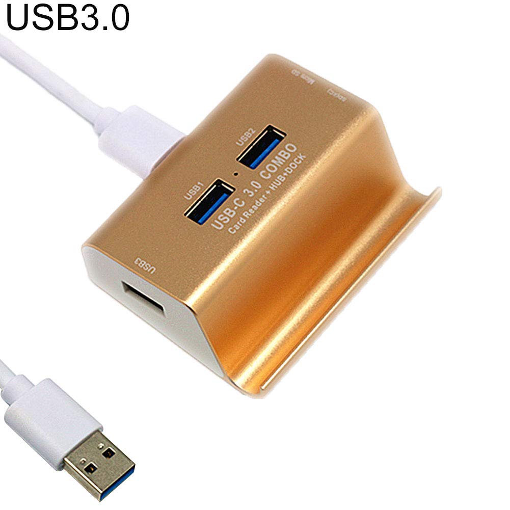 Lector de tarjetas USB 3,0 de alta velocidad, Hub DE 3 puertos USB 3,0 con soporte para teléfono, USB-C de aluminio/TYPE-C 3,0, Combo SD/TF/MicroSD: Usb Golden