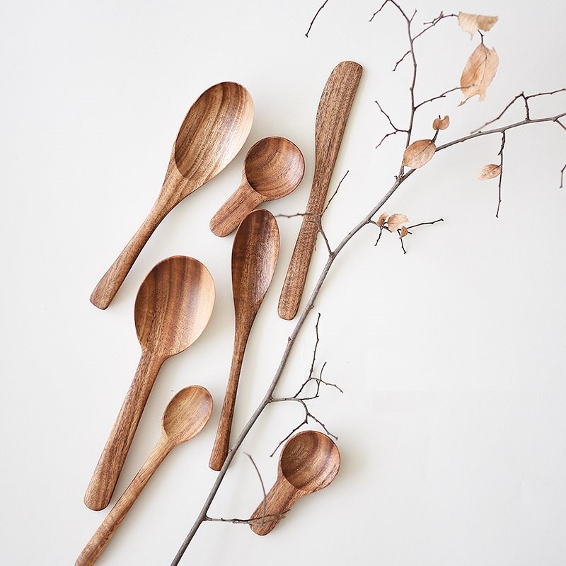 Korean Style Natural Wood Long Handle Soup Spoons For Cooking Mixing Stirr Kitchen Mini Seasoning Measuring Tools Coffee Scoop