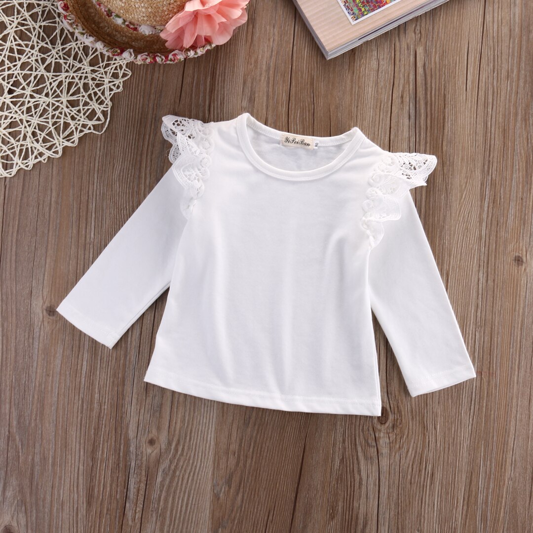 Kids Peuter Kleding Baby Meisjes Kleding Kant Spilce Meisje Katoenen Lange Mouw T Shirts Casual Blouse Tops Kinderen Kleding: WHITE / 18m