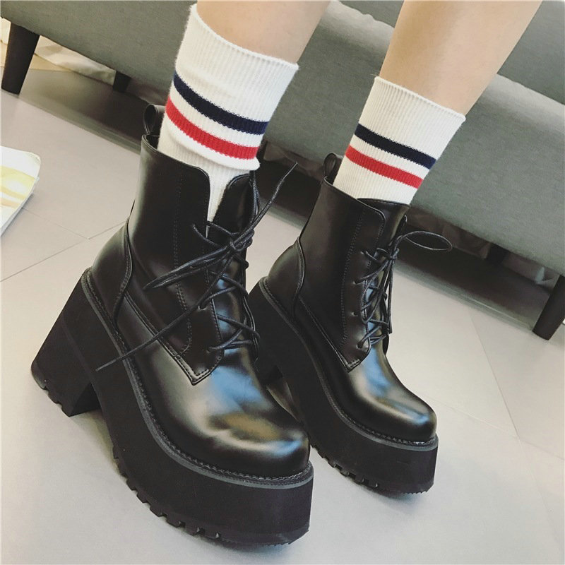 Botas de cuero para mujer, Botines de tacón grueso a la , zapatos de tacón alto cálidos para invierno, botas negras con plataforma, B460,