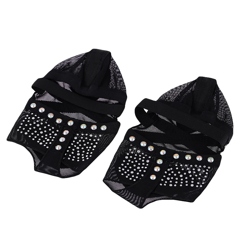 Footcover Ballet Dance Socks Foot Thong Toe Pad Rhinestones Mesh Half Shoes Dance Practice Shoes Half Shoes Ballet: Black / 7