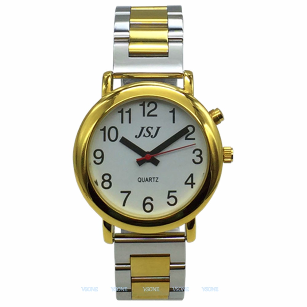 Franse Praten Horloge met Alarm Functie, Praten Datum en tijd, Witte Wijzerplaat, Vouwsluiting, golden Case TAF-505